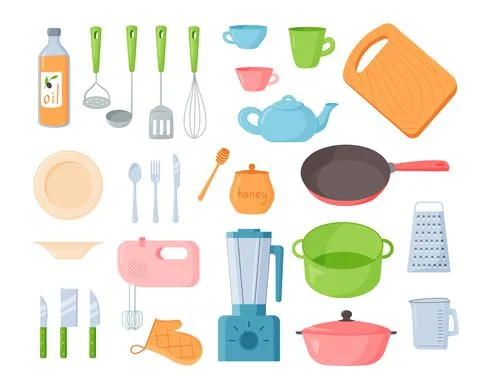 Kitchenware. Cartoon kitchen utensils, flat pots knives dishes and cups. Vect イラスト素材