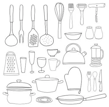 Kitchenware collection. Black outline, silhouettes on white background. Stock Illustration