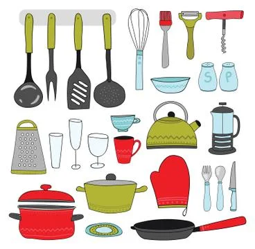Kitchenware collection. Colorful kitchen tools on white background. Stock Illustration