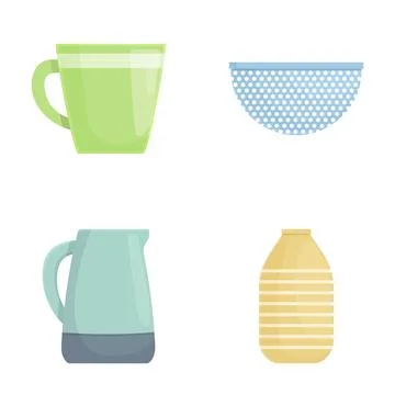 Kitchenware collection cups, jug, and colander Stock Illustration