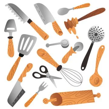 Kitchenware collection, isolated vector illustrations, cutlery, skimmers and Stock Illustration