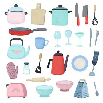 Kitchenware collection. Set of dishes, cookware and glassware. Hand drawn vector Illustrazione stock