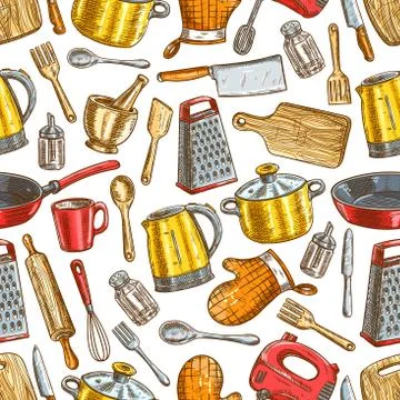 Kitchenware, dishware, kitchen utensils pattern Stock Illustration