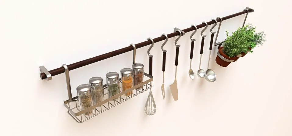 Kitchenware, dry bulk and live seasonings in pots hang on the wall. 3d render Illustrazione stock