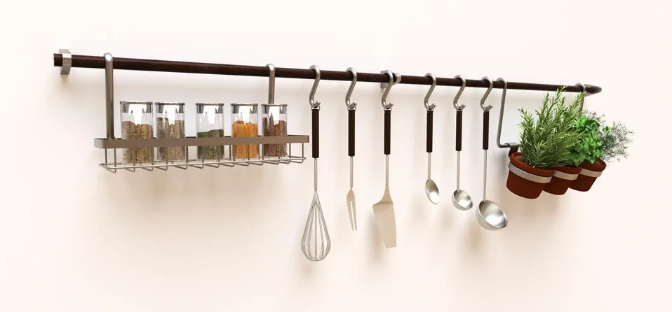 Kitchenware, dry bulk and live seasonings in pots hang on the wall. 3d render Illustrazione stock