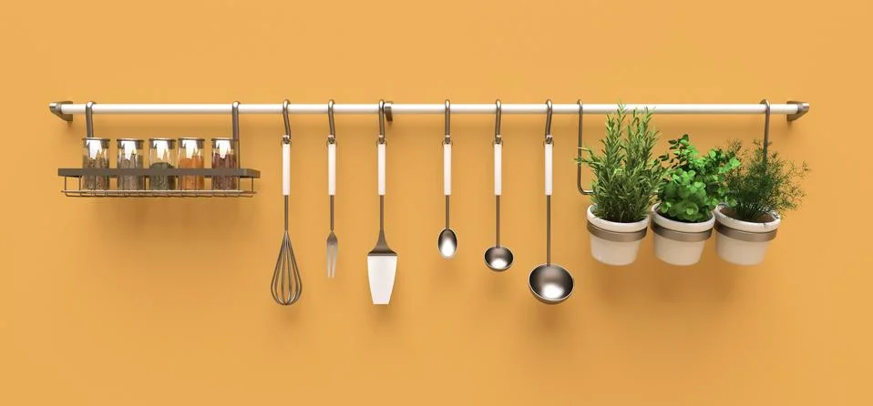 Kitchenware, dry bulk and live seasonings in pots hang on the wall. 3d render Illustrazione stock