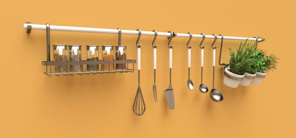 Kitchenware, dry bulk and live seasonings in pots hang on the wall. 3d render Stock-Illustration