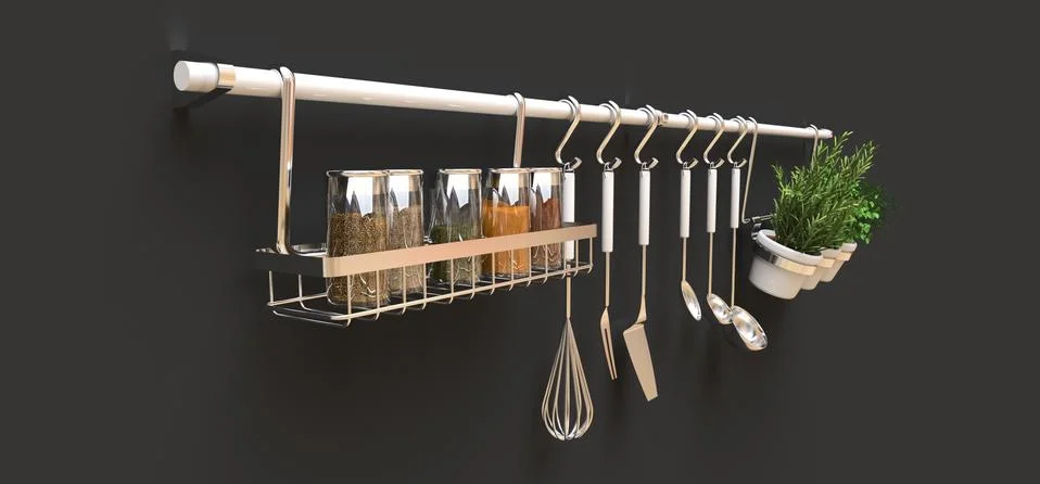 Kitchenware, dry bulk and live seasonings in pots hang on the wall. 3d render Stock-Illustration