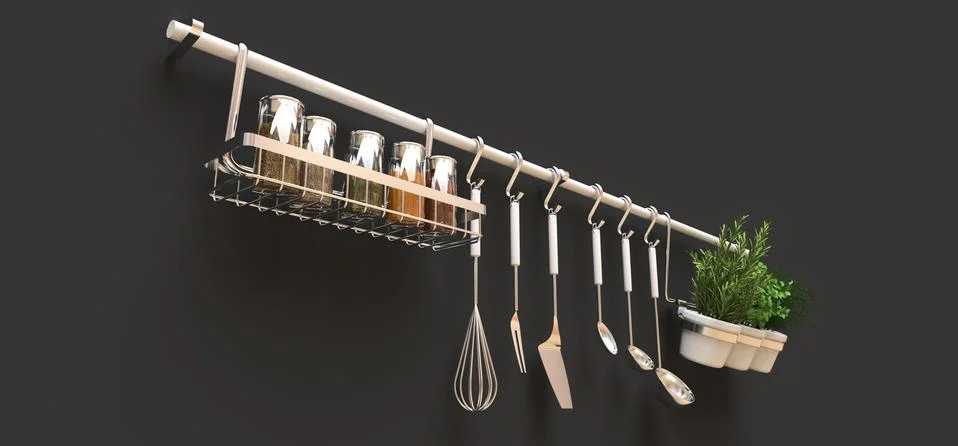 Kitchenware, dry bulk and live seasonings in pots hang on the wall. 3d render Stock-Illustration