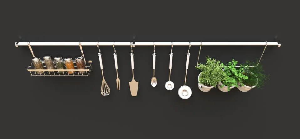 Kitchenware, dry bulk and live seasonings in pots hang on the wall. 3d render Illustrazione stock