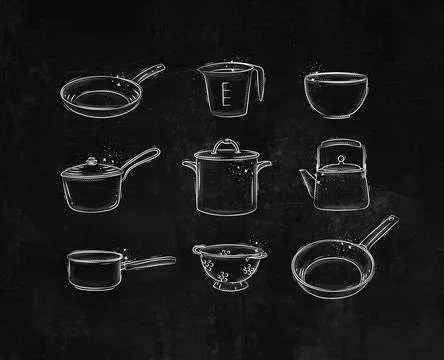 Kitchenware for everyday cooking black color Stock Illustration