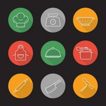 Kitchenware flat linear long shadow icons set. Stock Illustration