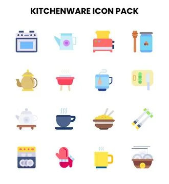 Kitchenware Flat UI Icons Pack 库存插图