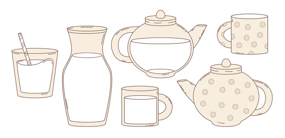 Kitchenware Hand Drawn Set. Glass Teapot Pitcher with, Mug and Ceramic Teap.. 스톡 일러스트