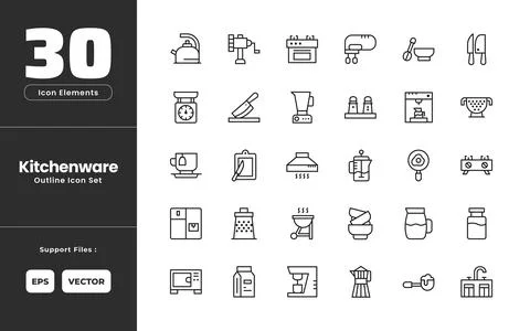 Kitchenware Icon Set Collection - Outline Line Art Style. Containing Teapot.. Stock Illustration