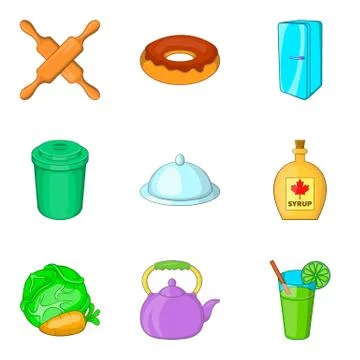 Kitchenware icons set, cartoon style Stock Illustration