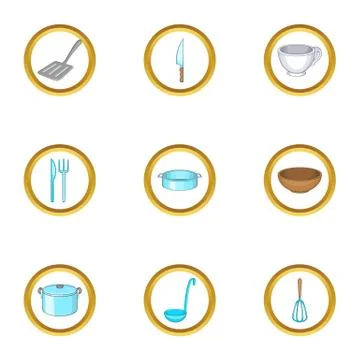 Kitchenware icons set, cartoon style Stock Illustration