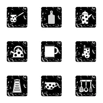Kitchenware icons set, grunge style Stock Illustration