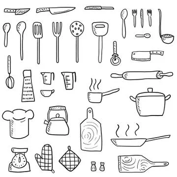 Kitchenware icons vector set. Cute kitchen utensils doodle hand drawn style. Stock Illustration