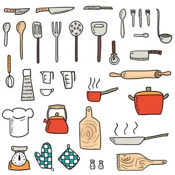 Kitchenware icons vector set. Cute kitchen utensils doodle hand drawn style. Stock Illustration