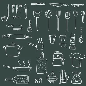 Kitchenware icons vector set. Cute kitchen utensils doodle hand drawn style. Stock Illustration