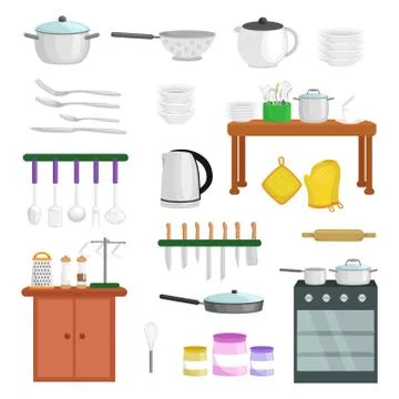 Kitchenware icons vector set.Cartoon kitchen utensil collection spoon pot food Stock Illustration
