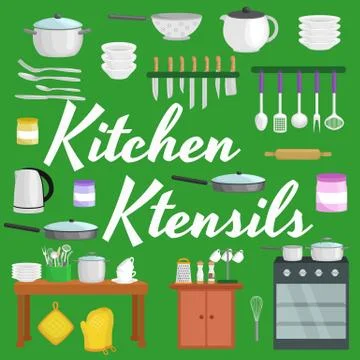 Kitchenware icons vector set.Cartoon kitchen utensil collection for  househol Stock Illustration