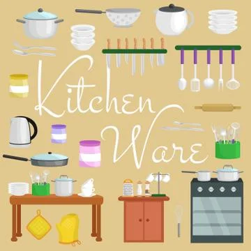 Kitchenware icons vector set.Cartoon kitchen utensil collection for  househol 스톡 일러스트