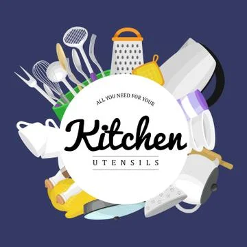 Kitchenware icons vector set.Cartoon kitchen utensil collection spoon pot food Stock Illustration