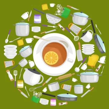 Kitchenware icons vector set.Cartoon kitchen utensil collection spoon pot f.. Stock Illustration