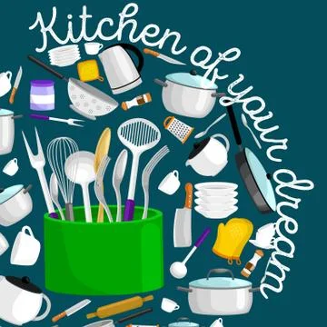 Kitchenware icons vector set.Cartoon kitchen utensil collection spoon pot f.. Stock Illustration