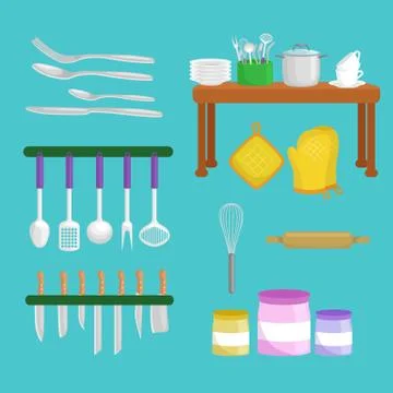Kitchenware icons vector set.Cartoon kitchen utensil collection for  househ.. Stock Illustration