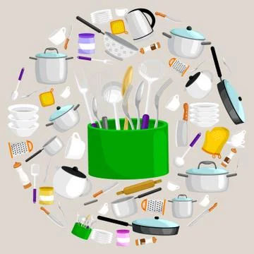 Kitchenware icons vector set.Steel kitchen household cutlery, cooking equipme Stock Illustration