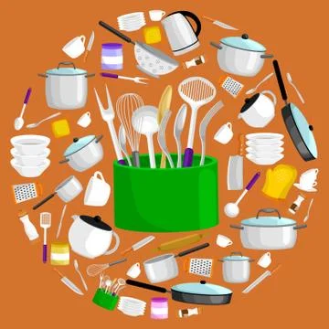 Kitchenware icons vector set.Steel kitchen household cutlery, cooking equipme Illustrazione stock