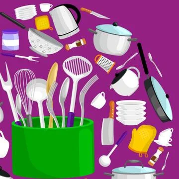 Kitchenware icons vector set.Steel kitchen household cutlery, cooking equipme Stock Illustration