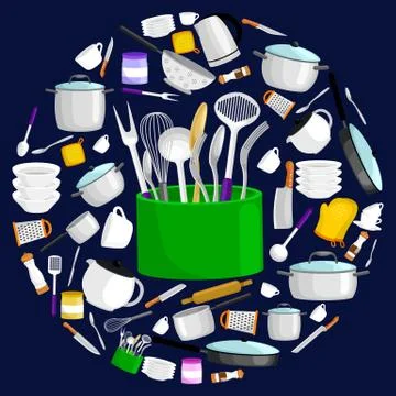 Kitchenware icons vector set.Steel kitchen household cutlery, cooking equipme Stock Illustration