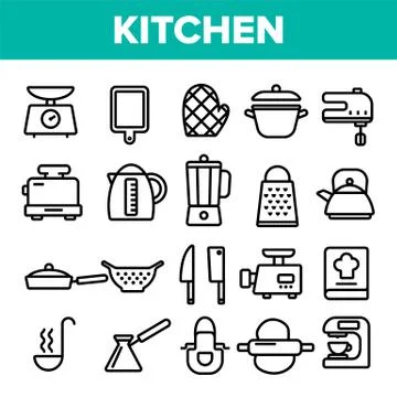 Kitchenware Line Icon Set . Home Kitchen Tools Symbol. Classic Kitchenware Stock Illustration