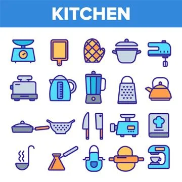 Kitchenware Line Icon Set . Home Kitchen Tools Symbol. Classic Kitchenware 스톡 일러스트