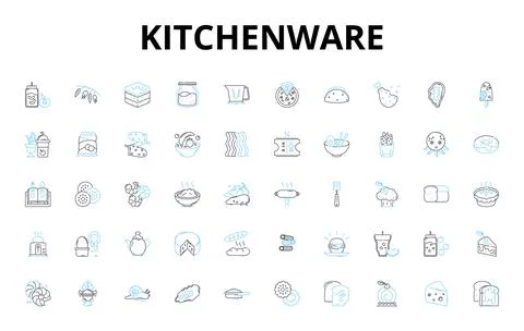 Kitchenware linear icons set. Cutlery, Cookware, Bakeware, Utensils, Dishware Stock Illustration