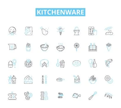 Kitchenware linear icons set. Cutlery, Cookware, Bakeware, Utensils, Dishware Stock Illustration