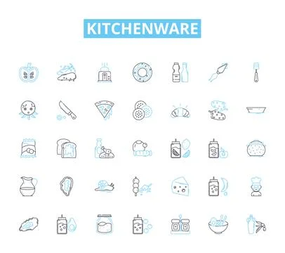 Kitchenware linear icons set. Cutlery, Cookware, Bakeware, Utensils, Dishware Stock Illustration
