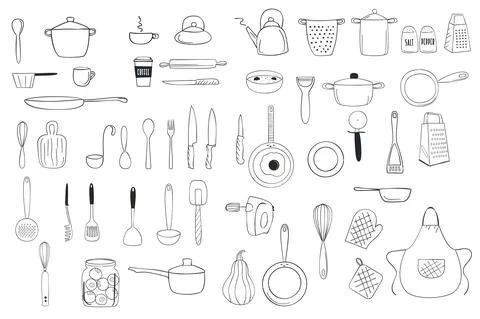 Kitchenware outline doodle line art clipart. Vector illustration. Stock Illustration