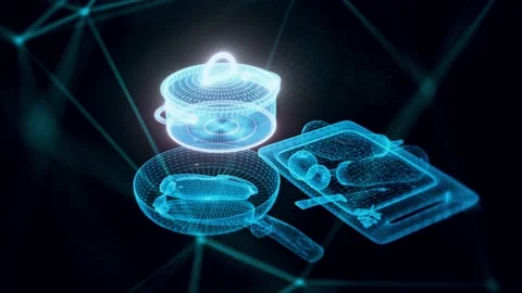 Kitchenware with pan and pot hologram Close up Stock Footage 154841215