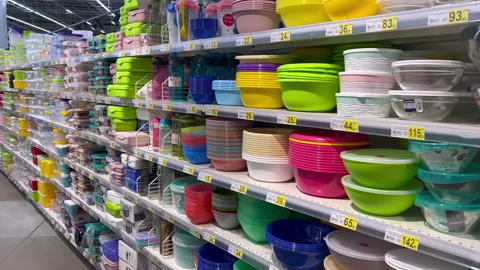 Kitchenware - plates, cups, bowls, glasses, etc. located on the store shelves Stock Footage 170587797