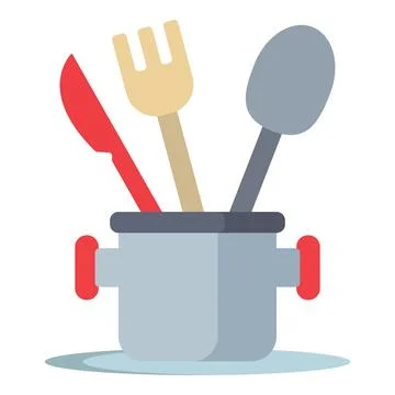 Kitchenware pot holding cooking utensils including fork, knife, and spoon 스톡 일러스트