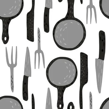 Kitchenware seamless pattern. Doodle fork, frying pan, table knife background Stock Illustration