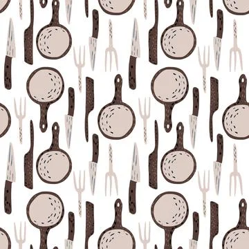 Kitchenware seamless pattern. Doodle fork, frying pan, table knife background Stock Illustration