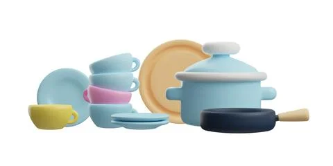 Kitchenware set in 3d style, vector illustration isolated on white background. Stock Illustration