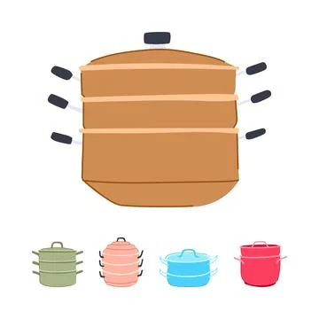 Kitchenware set featuring cooking steamers and pots 스톡 일러스트