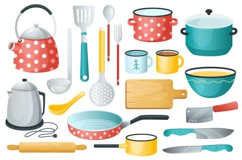 Kitchenware set graphic elements in flat design. Bundle of kettle, ladle, spo Stock Illustration